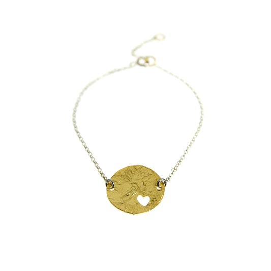 SILVER DISK BRACELET - GOLD PLATED -  WITH A CUT HEART - kosznikjewellery