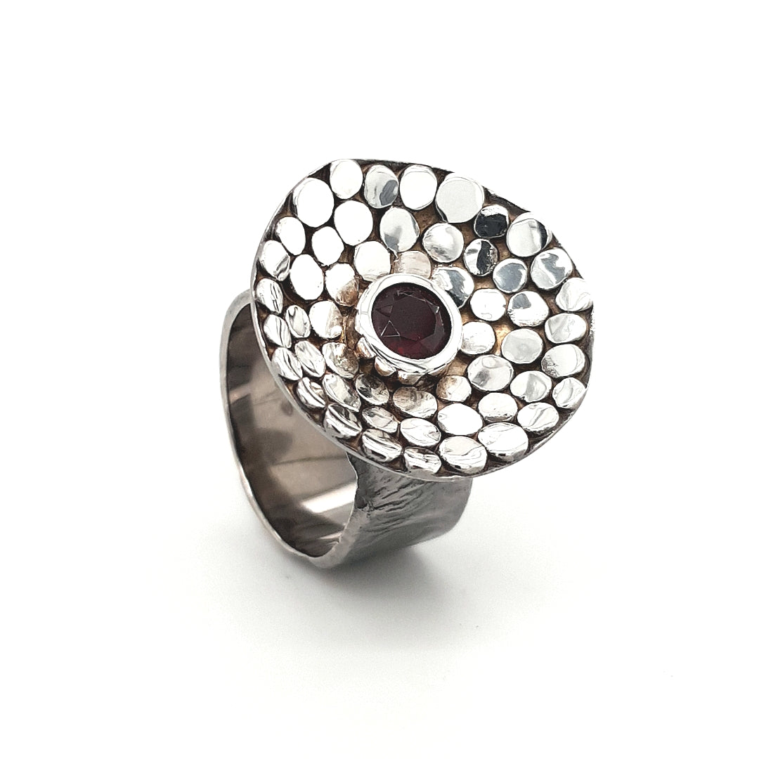 SILVER RING - BLACK RHODIUM - WITH NATURAL GARNET STONE - kosznikjewellery