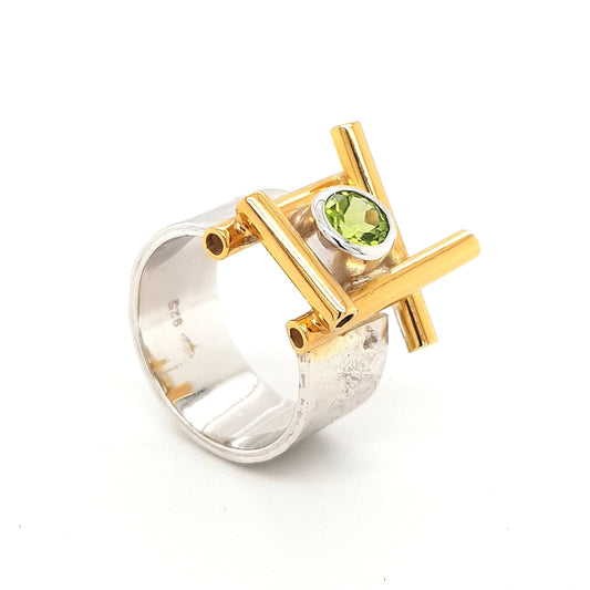 SILVER RING - GOLD PLATED - WITH NATURAL PERIDOT STONE - kosznikjewellery