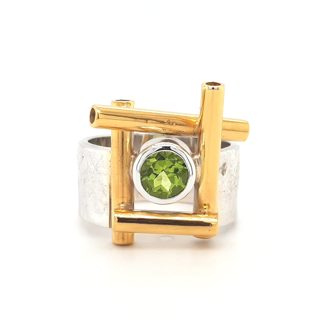 SILVER RING - GOLD PLATED - WITH NATURAL PERIDOT STONE - kosznikjewellery
