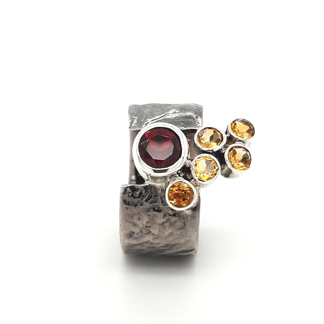 SILVER RING - BLACK RHODIUM - WITH NATURAL GARNET AND CITRINE STONES - kosznikjewellery