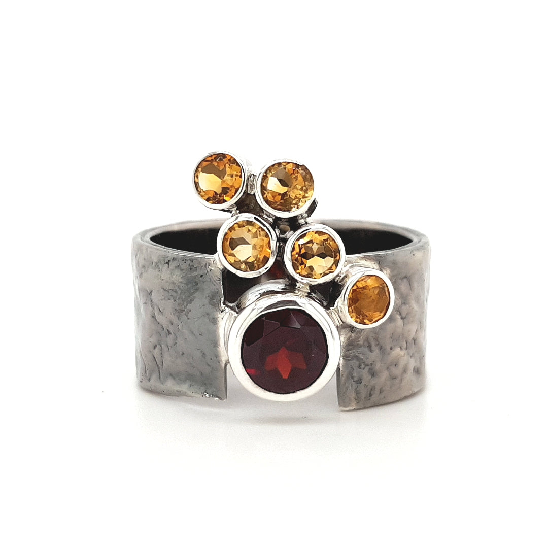 SILVER RING - BLACK RHODIUM - WITH NATURAL GARNET AND CITRINE STONES - kosznikjewellery
