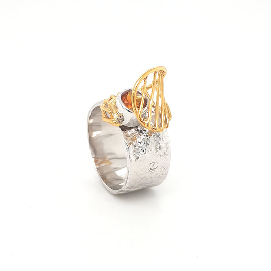 SILVER RING - GOLD PLATED - WITH NATURAL CITRINE STONE - kosznikjewellery