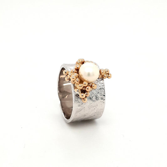 SILVER RING - 9ct. GOLD - WITH NATURAL PEARL STONE - kosznikjewellery
