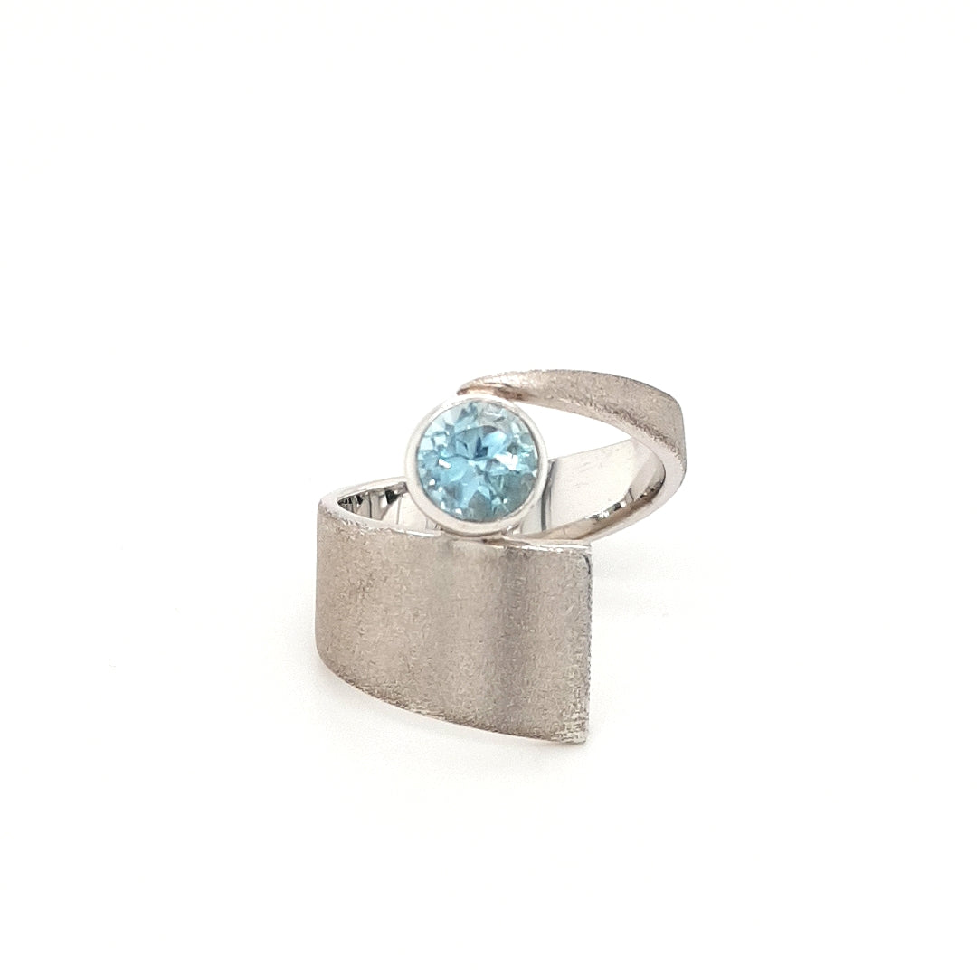 SILVER RING - MATT FINISH BAND - WITH NATURAL LIGHT BLUE TOPAZ STONE - kosznikjewellery