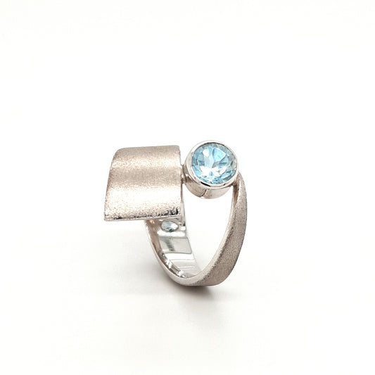 SILVER RING - MATT FINISH BAND - WITH NATURAL LIGHT BLUE TOPAZ STONE - kosznikjewellery