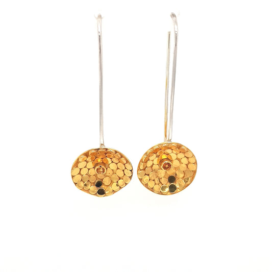 SILVER DISK EARRINGS - GOLD PLATED - WITH NATURAL CITRINE STONE - kosznikjewellery