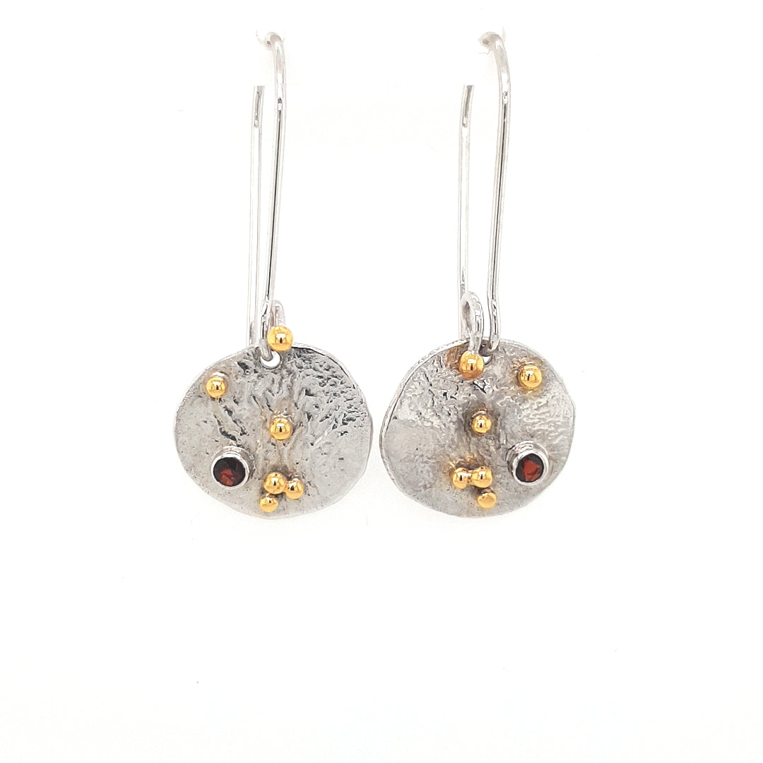SILVER DISK EARRINGS - GOLD PLATED - WITH NATURAL GARNET STONE - kosznikjewellery