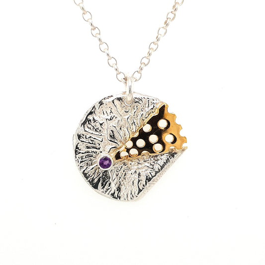 SILVER NECKLACE DISK - GOLD PLATED - WITH NATURAL AMETHYST STONE - kosznikjewellery