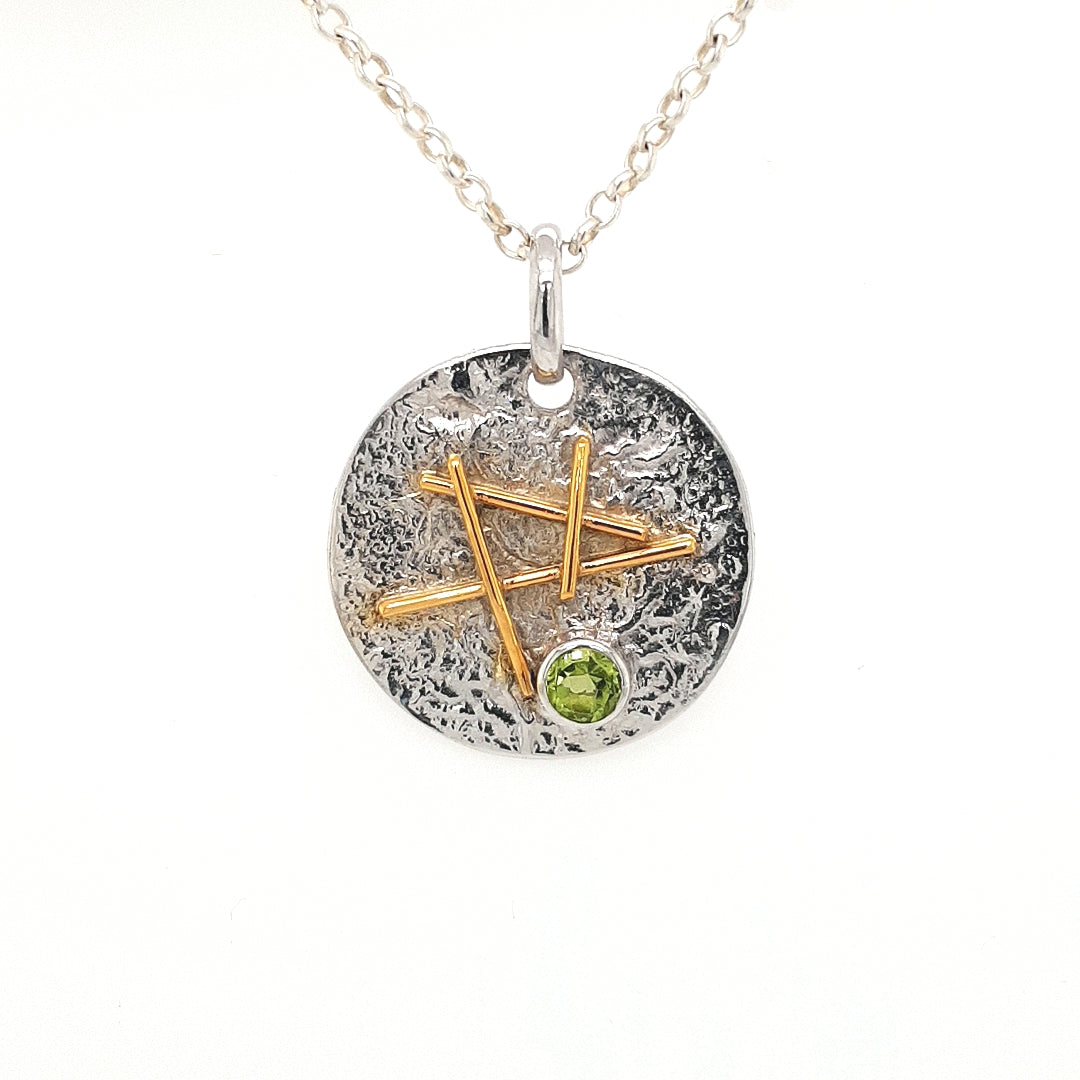 SILVER DISK NECKLACE - GOLD PLATED - WITH NATURAL PERIDOT STONE - kosznikjewellery