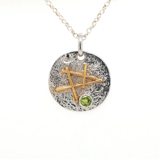 SILVER DISK NECKLACE - GOLD PLATED - WITH NATURAL PERIDOT STONE - kosznikjewellery