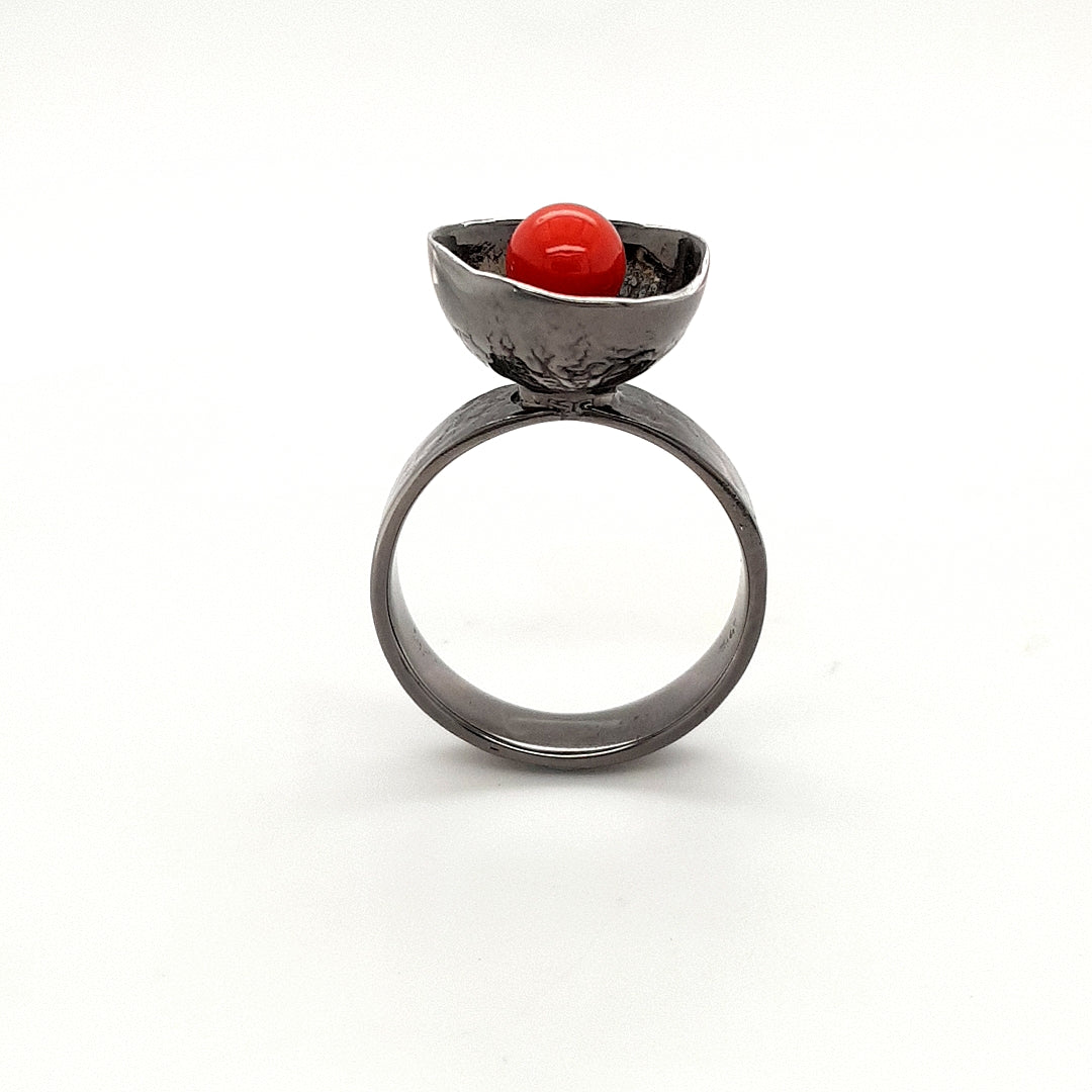 SILVER BLACK RHODIUM PLATED RED CORAL RING - kosznikjewellery