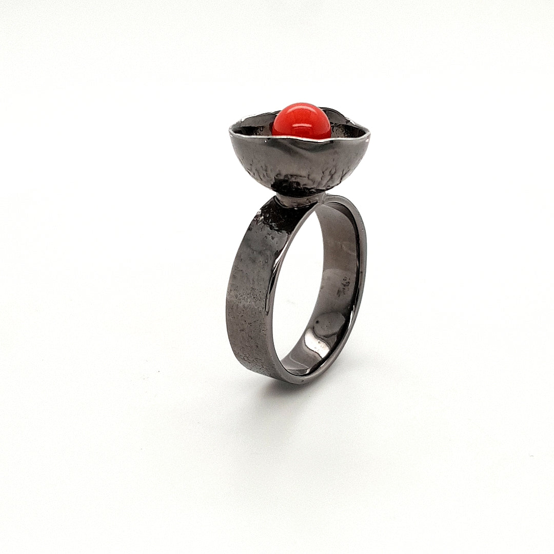 SILVER BLACK RHODIUM PLATED RED CORAL RING - kosznikjewellery