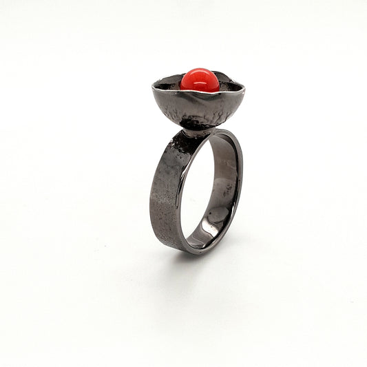 SILVER BLACK RHODIUM PLATED RED CORAL RING - kosznikjewellery