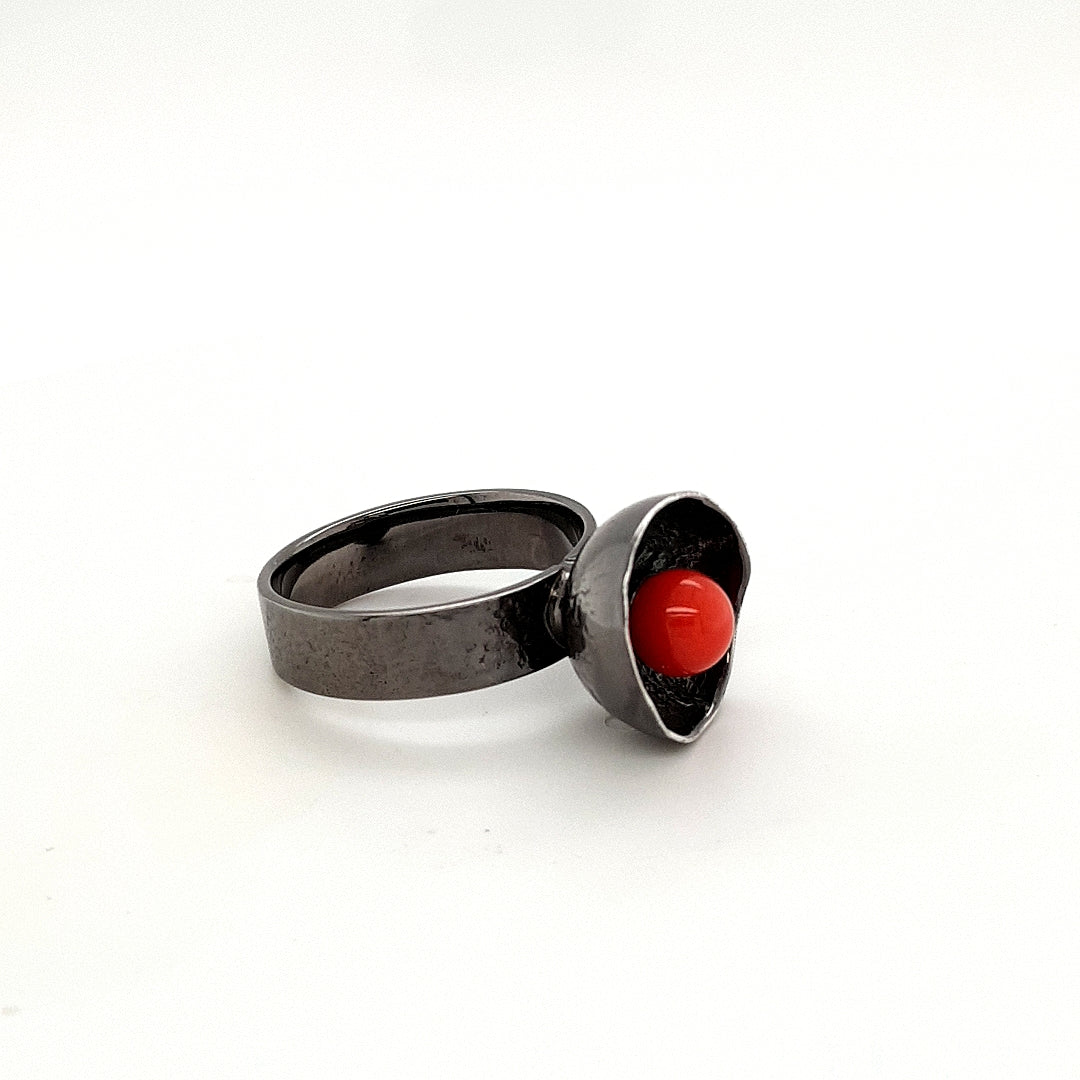SILVER BLACK RHODIUM PLATED RED CORAL RING - kosznikjewellery