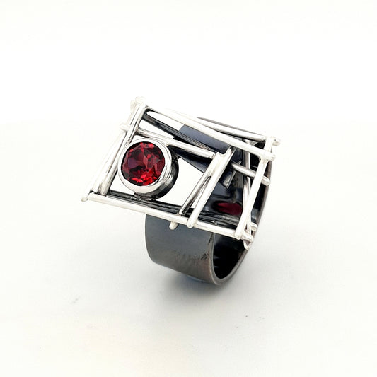 SILVER MATT BLACK RHODIUM RED GARNED RING - kosznikjewellery