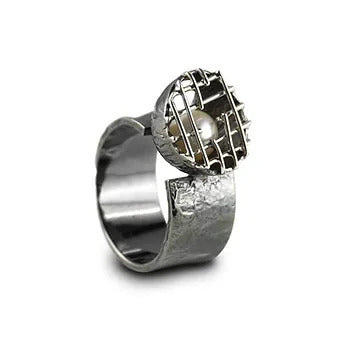 SILVER RING - BLACK RHODIUM - WITH NATURAL PEARL STONE - kosznikjewellery
